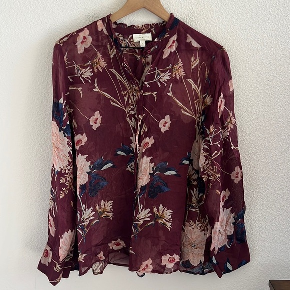 Lucky Brand Ruffled Floral Print Button Up Shirt Chiffon Semi Sheer Large - Picture 2 of 6